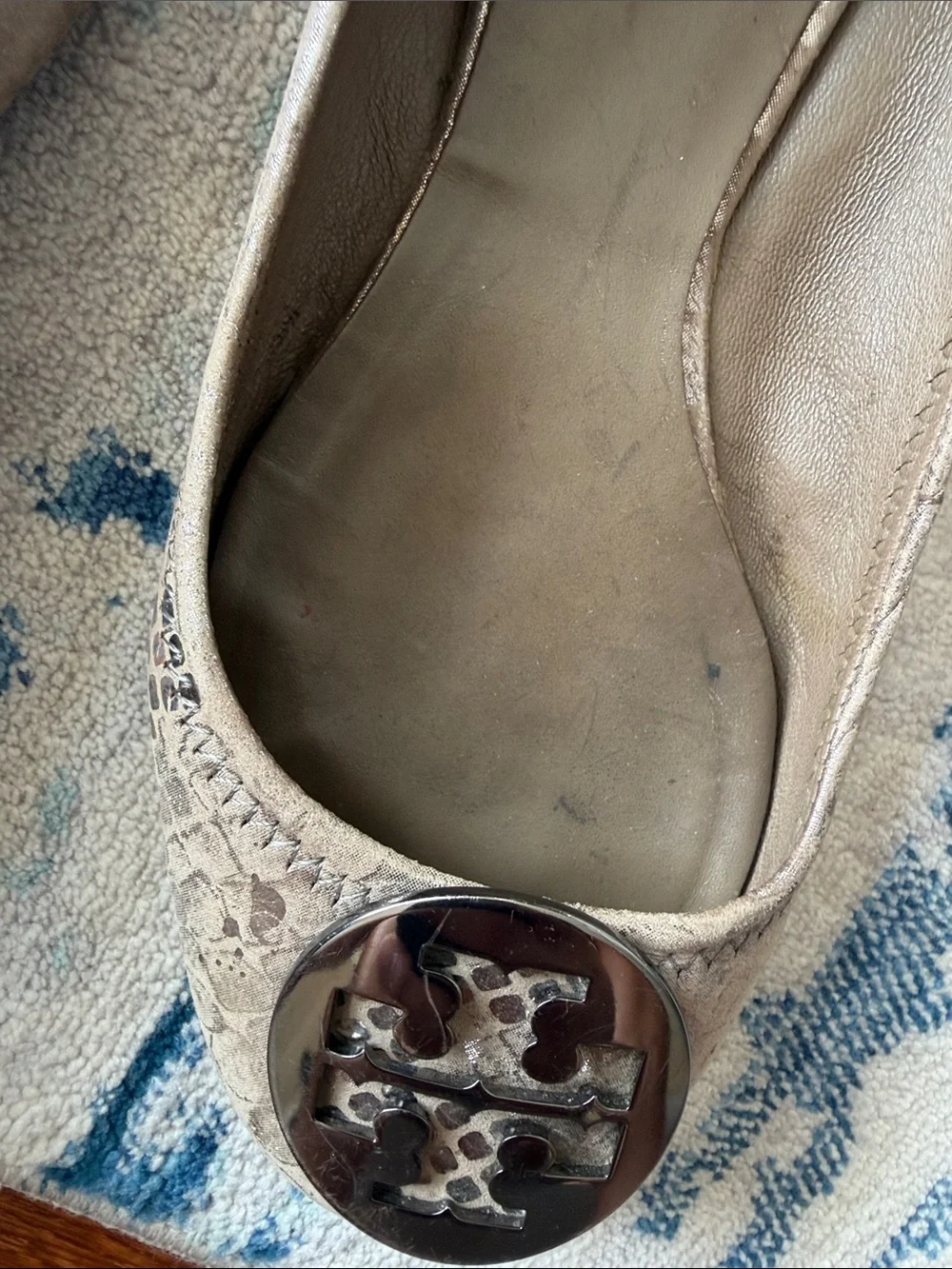 Tory Burch Metallic Taupe Logo Ballet Flats